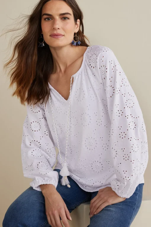 Soft Surroundings Feminine Flourish | Global Artistry-Petites Rhiannon Eyelet Peasant Top