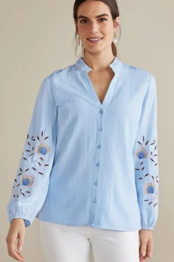 Soft Surroundings Into The Blues-Petites Titania Embroidered Top